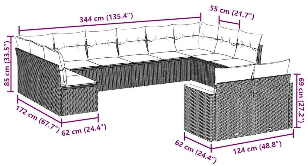 12 pcs conjunto de sofás de jardim c/ almofadões vime PE preto