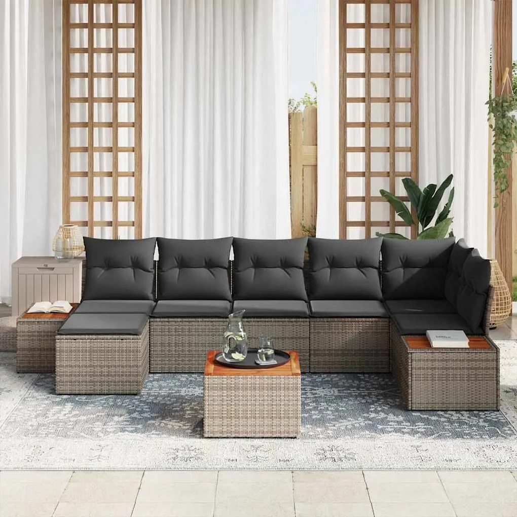 Conjunto de Sofás de Jardim 8 Peças com Almofadas Cinza em Rattan Acác