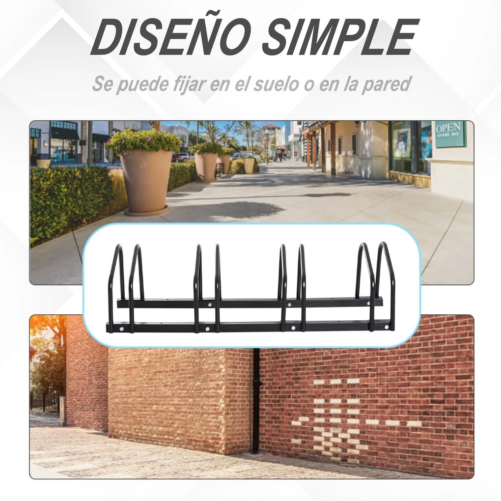 HOMCOM Estacionamento para 4 Bicicletas Suporte de Aço para Estacionar Bicicletas no chão para Interior e Exterior 100x33x27cm Preto