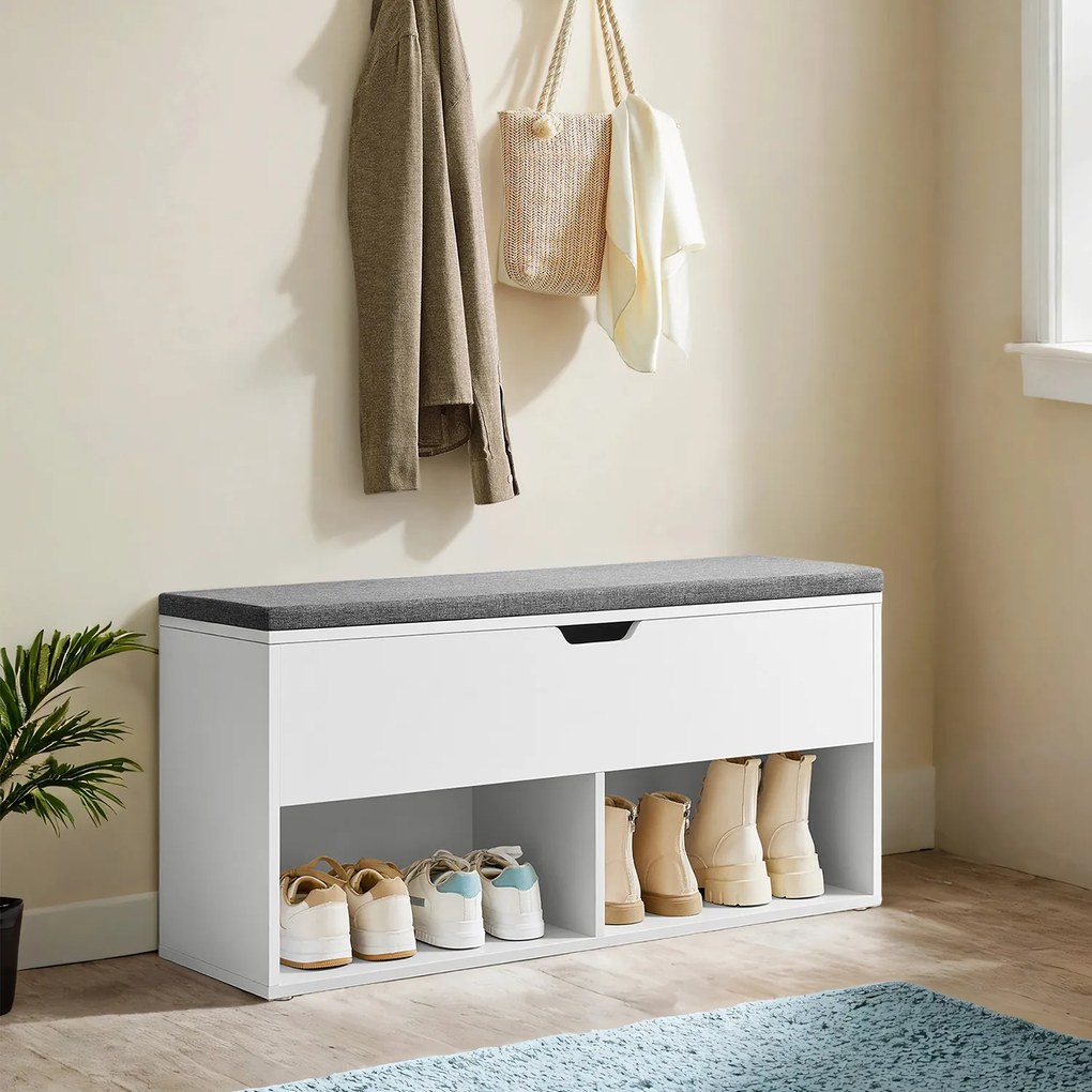 Banco sapateira para sapatos com espaço de arrumação sob a tampa, 100 x 30 x 48 cm branco
