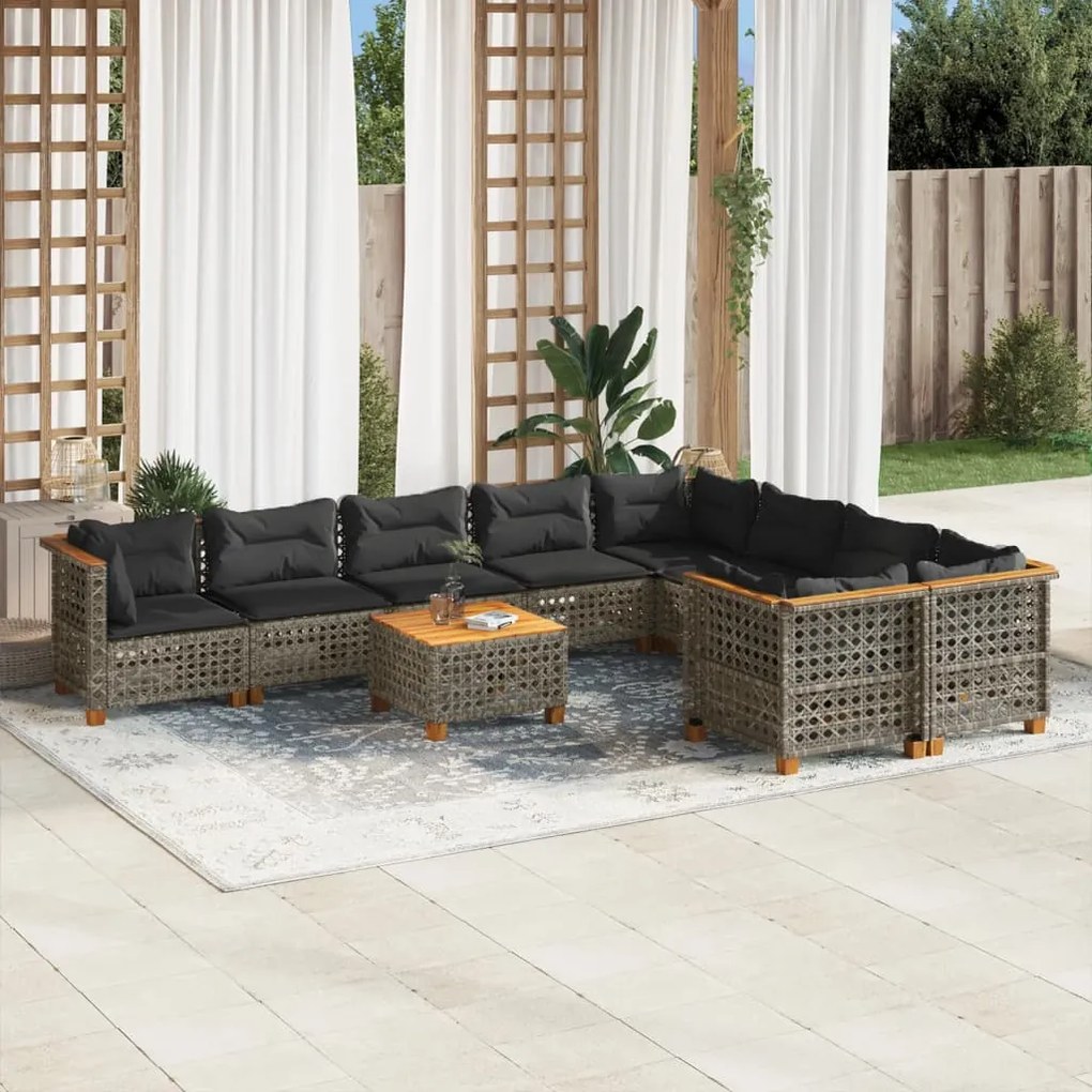 10 pcs conjunto sofás de jardim c/ almofadões vime PE cinzento