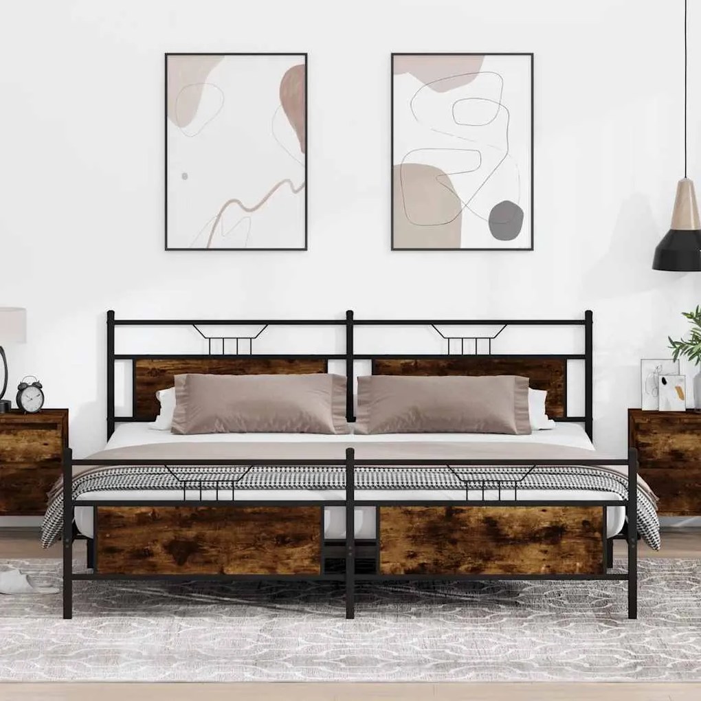 Estrutura de cama sem colchão 193x203cm metal carvalho fumado