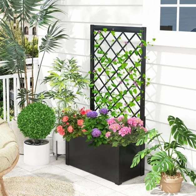 Floreira de jardim elevada com treliça Jardineira de metal 63 x 31 x 112 cm para plantas trepadeiras, vegetais e flores preta