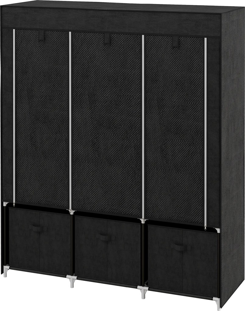 Guarda Roupa dobrável em tecido com 5 prateleiras, 2 varões e 3 gavetas em tecido 125 x 43 x 162,5 cm Preto