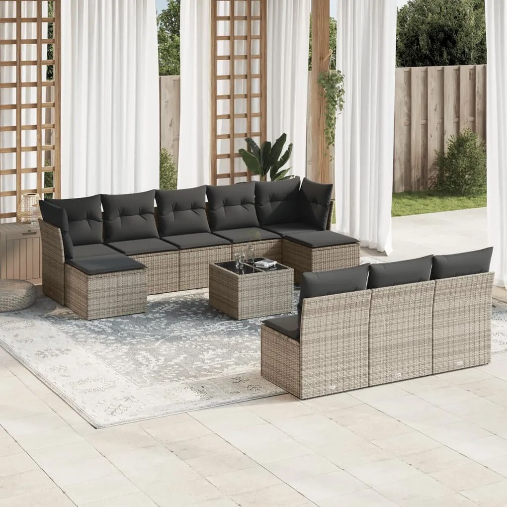 11 pcs conjunto sofás de jardim c/ almofadões vime PE cinzento