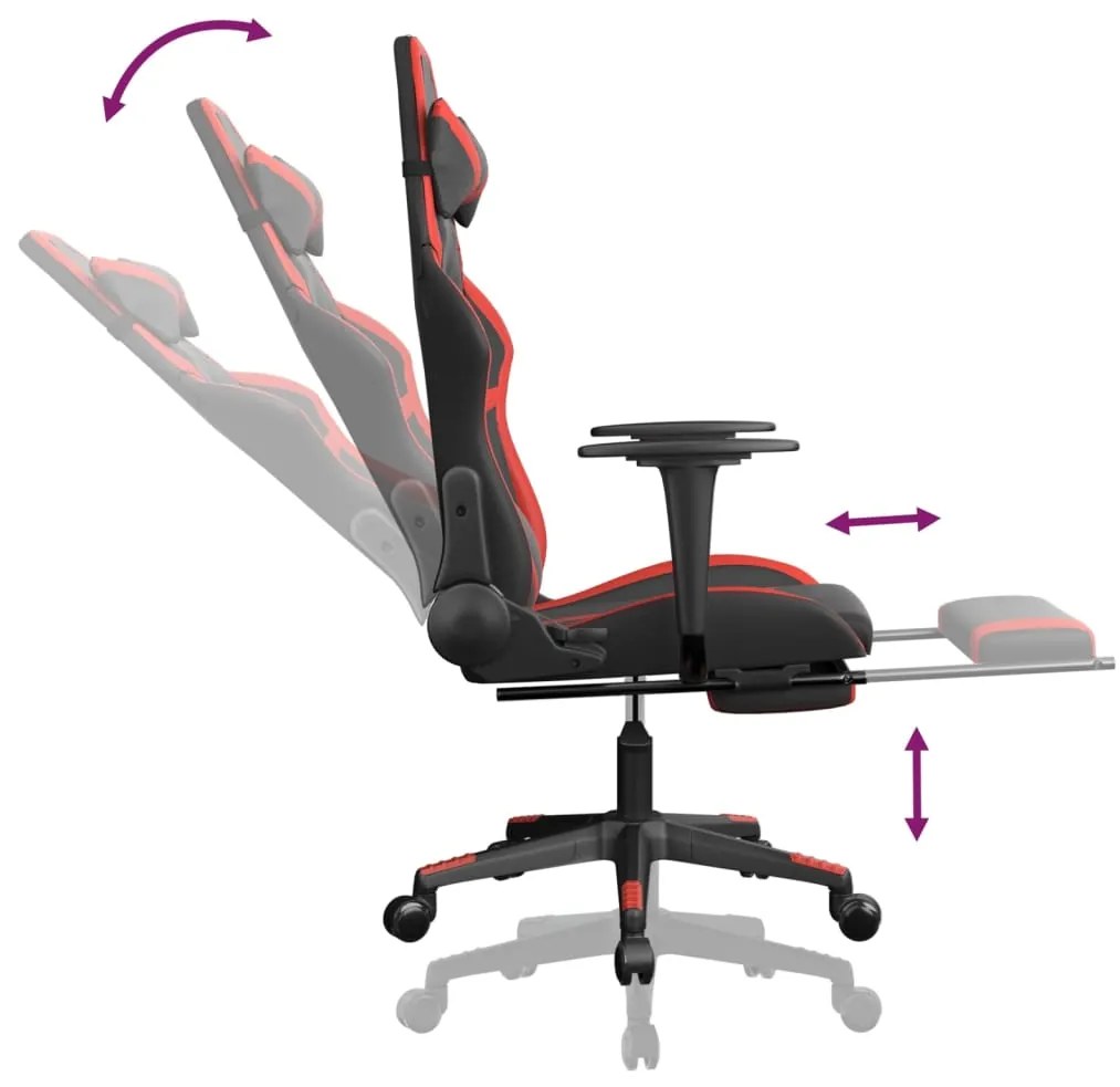 Cadeira gaming c/ apoio pés couro artificial preto e vermelho