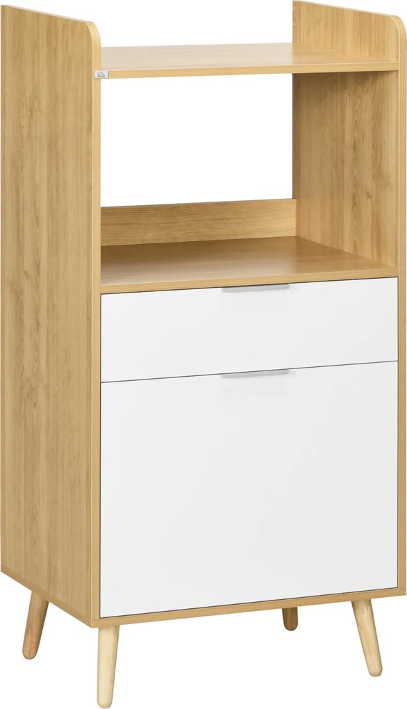 HOMCOM Armário para Micro-ondas em Estilo Escandinavo com Armário, Gaveta e Prateleira Ajustável, 58x40x118 cm, Natural e Branco | Aosom Portugal
