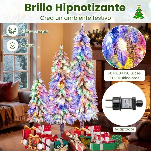 Conjunto de 3 árvores de Natal artificial de 90 cm, 120 cm e 150 cm Árvores de Natal iluminadas com 115+207+275 pontas de ramos com neve verdes