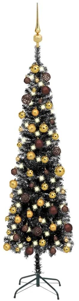 3078032 vidaXL Árvore de Natal fina com luzes LED e bolas 210 cm preta