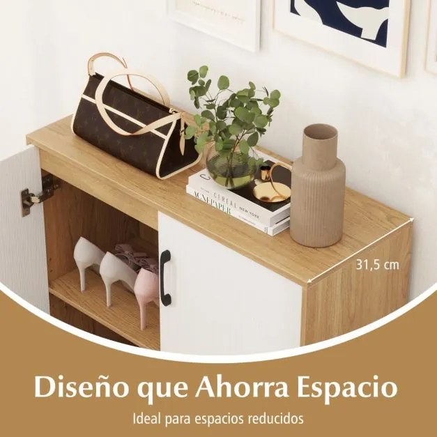 Armário de armazenamento moderno com 2 portas e prateleira ajustável em 5 posições Natural + Branco