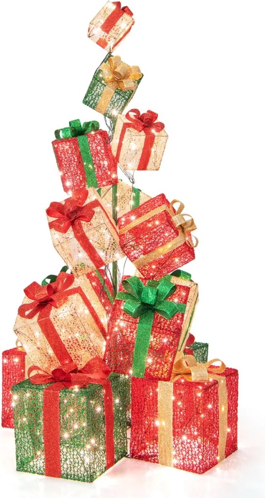 Torre de 170 cm de 15 caixas de presente iluminadas com 450 luzes brancas quentes Base em metal vermelho + azul + dourado