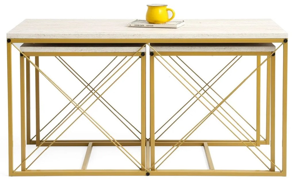 Conjunto de Mesas de Centro Defne – Travertino Dourado – Medidas: 100x