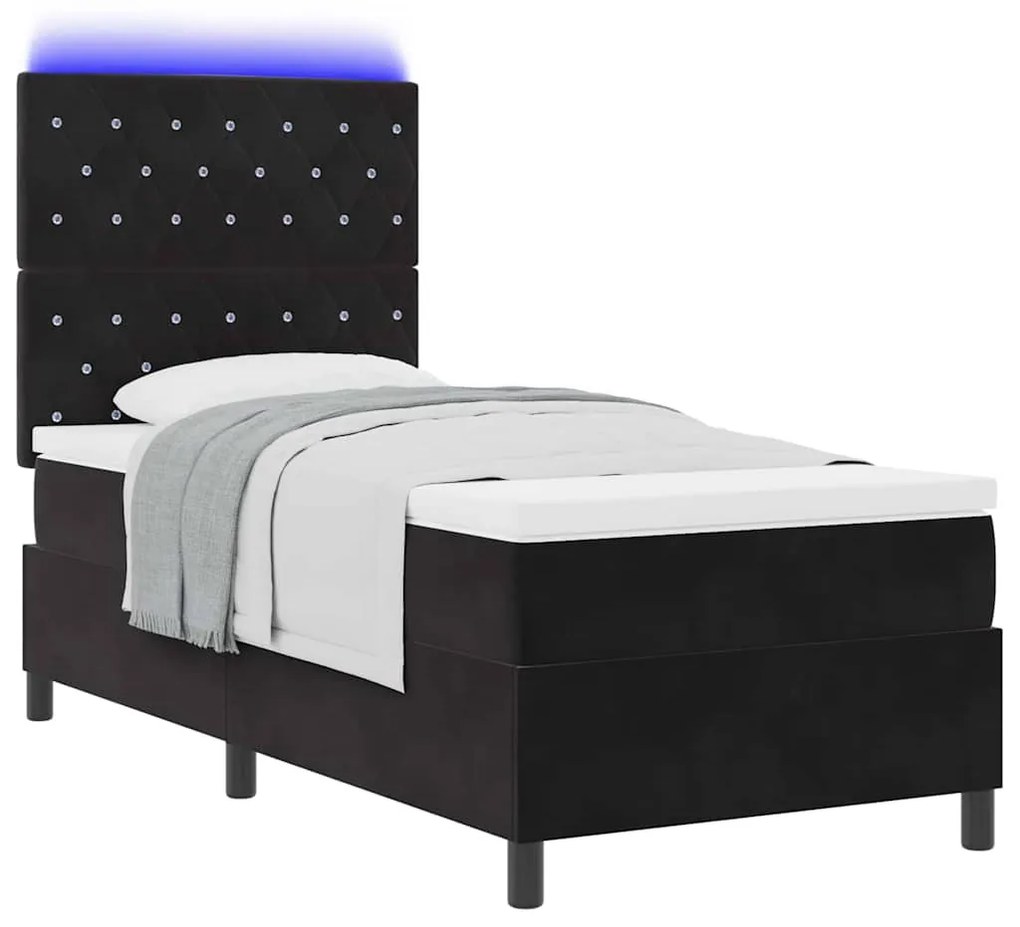Cama Box Spring com Colchão e LED Preta 90x190 cm Veludo