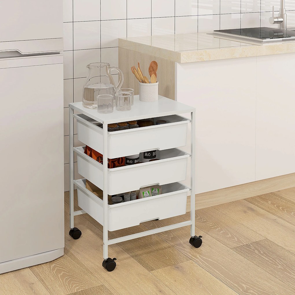 Carrinho Auxiliar com Rodas Carrinho de Cozinha de 3 Níveis com 3 Cestos e Estrutura de Aço 40,8x33,5x60,5 cm Branco