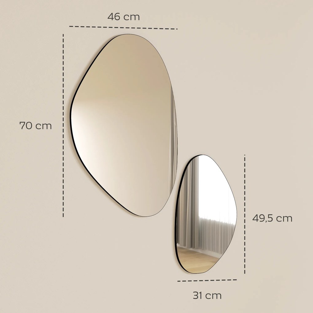 Conjunto de 2 espelhos de parede, espelhos decorativos de forma irregular semelhante a seixos, moldura em metal, 70 x 46 cm/49,5 x 31 cm, preto