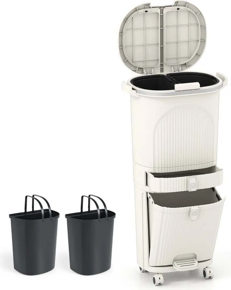 Caixote do lixo de 42 L com 2 caixotes removíveis, gaveta com pedal e rodas para sala, cozinha e casa de banho, bege