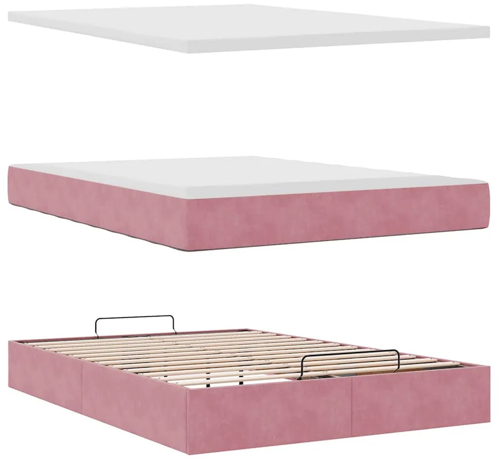 Estrutura de cama otomana com colchão 140x200 cm veludo rosa