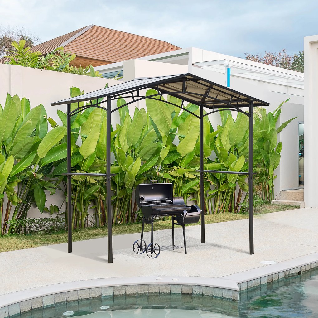 Tenda de jardim 2,5 x 1,5 m para churrasqueira (NÃO INCLUIDA) com 2 prateleiras estrutura em metal preto e cobertura em policarbonato