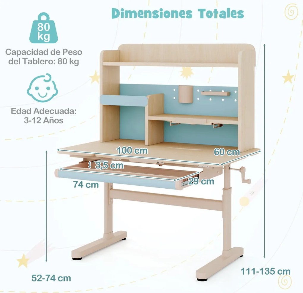 Secretária infantil 100 x 60 x 111-135 cm com estante e gaveta em altura com superfície inclinável Prateleiras Atril e porta-lápis azul