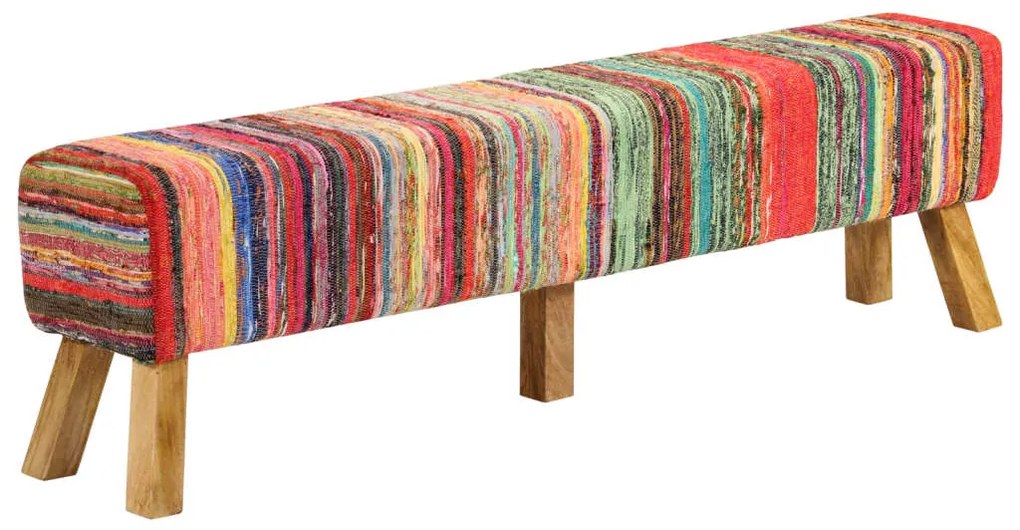 vidaXL Banco 160 cm tecido chindi e madeira mangueira maciça multicor