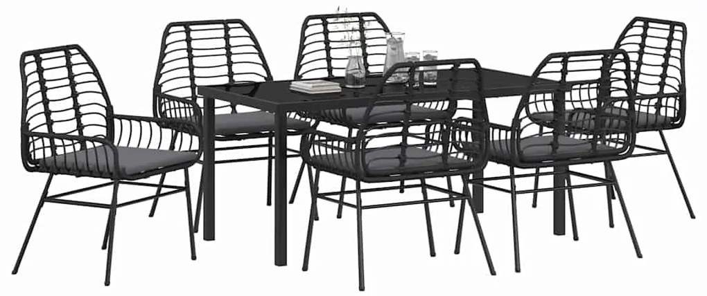 Conjunto de Jantar de Jardim com 7 Peças e Almofadas Preto em Poli Rat