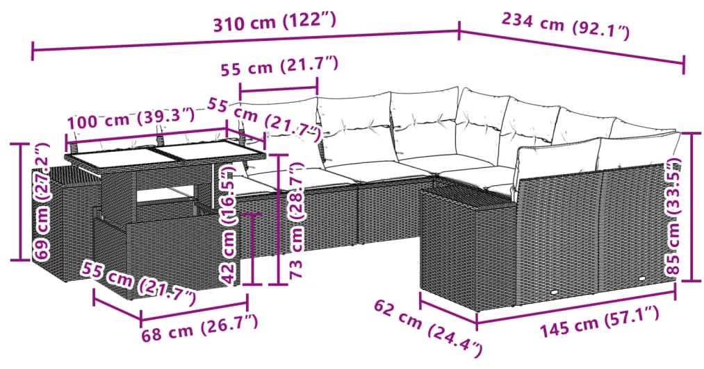 10 pcs conj. sofás jardim com almofadões vime PE cinzento-claro