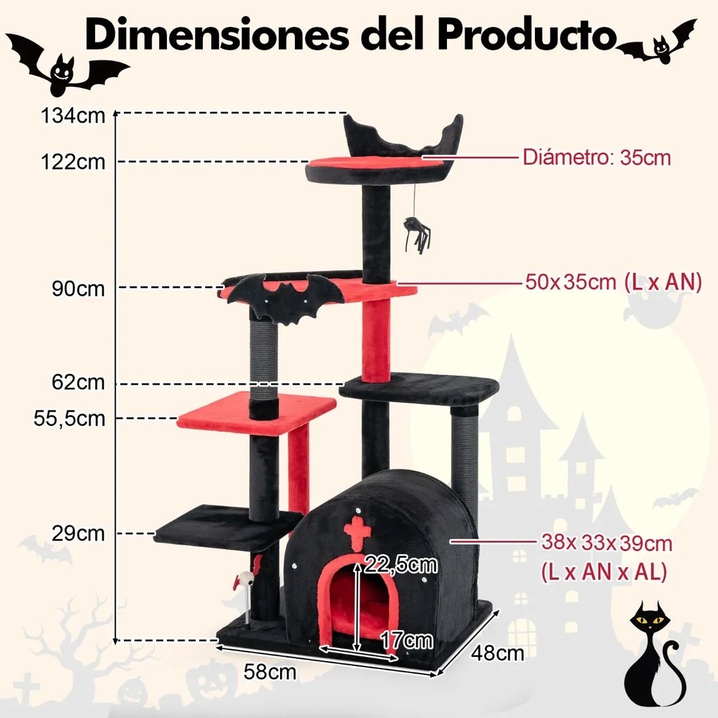 Arranhador gótica para gatos 134 cm com cama pompom e bolas de mola Centro de atividades de 6 níveis Vermelho e preto