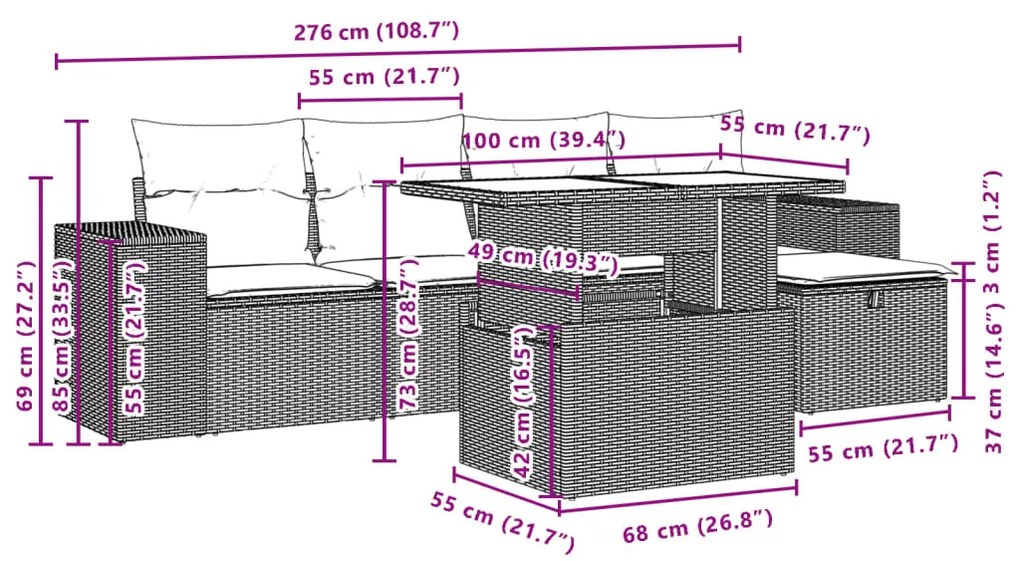 6 pcs conjunto de sofás p/ jardim com almofadões vime PE bege