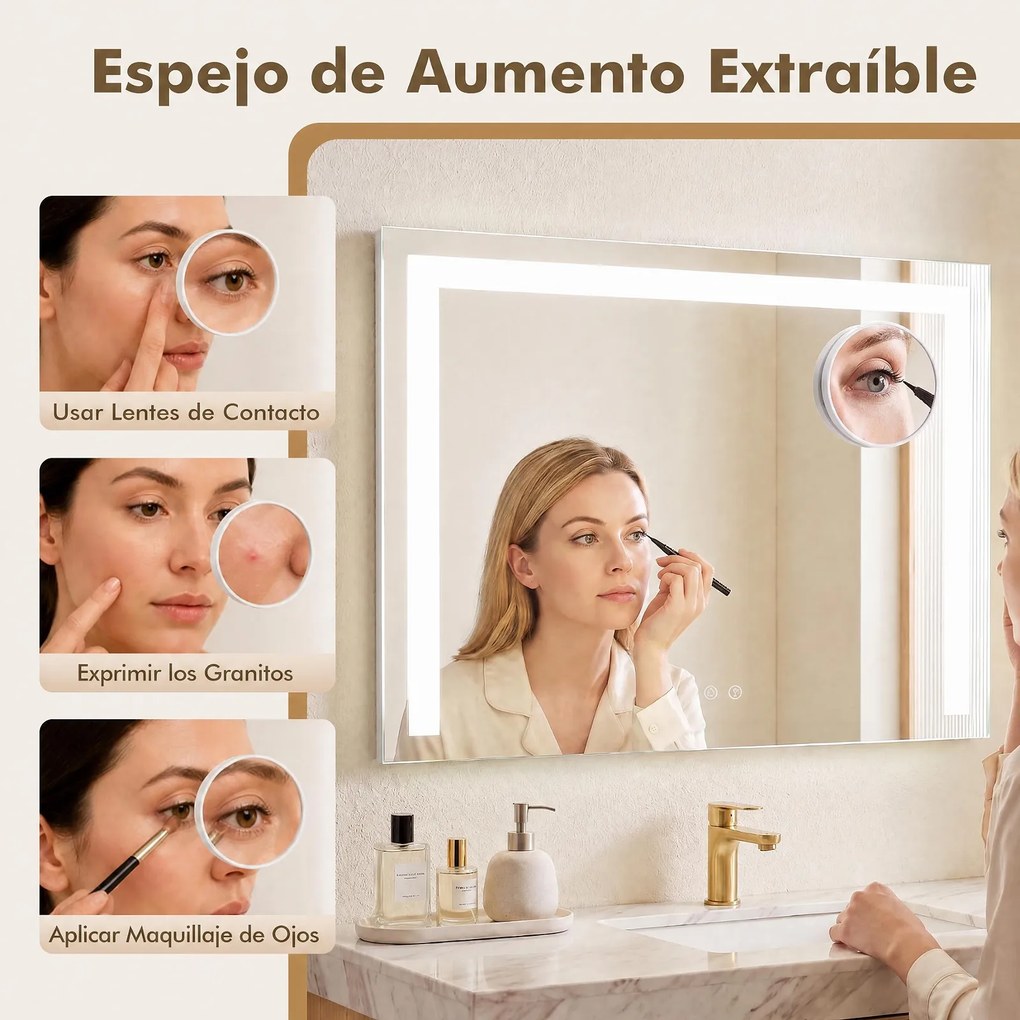 Espelho de Maquilhagem, 58 x 10 x 43 cm, Luz LED de 3 Cores, Branco