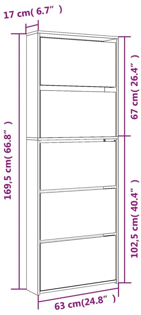 Sapateira com espelho 5 divisórias 63x17x169,5 cm cinza sonoma