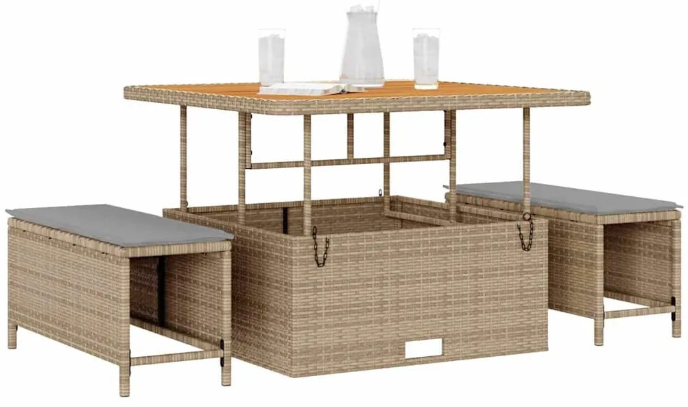Conjunto de Jantar de Jardim 3 Peças com Almofadas Bege em Polirratan