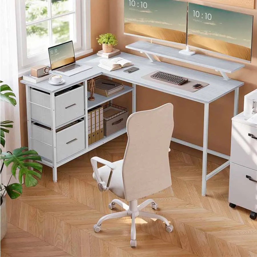 Secretária em forma de L 105 x 135 x 89,5 cm com 2 gavetas e suporte para monitor branco