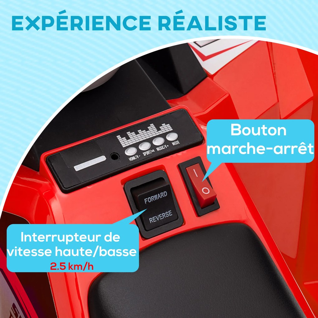 Moto 4 elétrica para crianças de 18 a 36 meses, a bateria de 6 V com marcha à frente e atrás, 70 L x 41,5 L x 48,5 A cm, vermelho