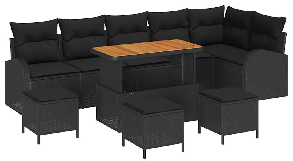 Conjunto de Sofá de Jardim com 10 Peças e Almofadas Pretas em Rattan S