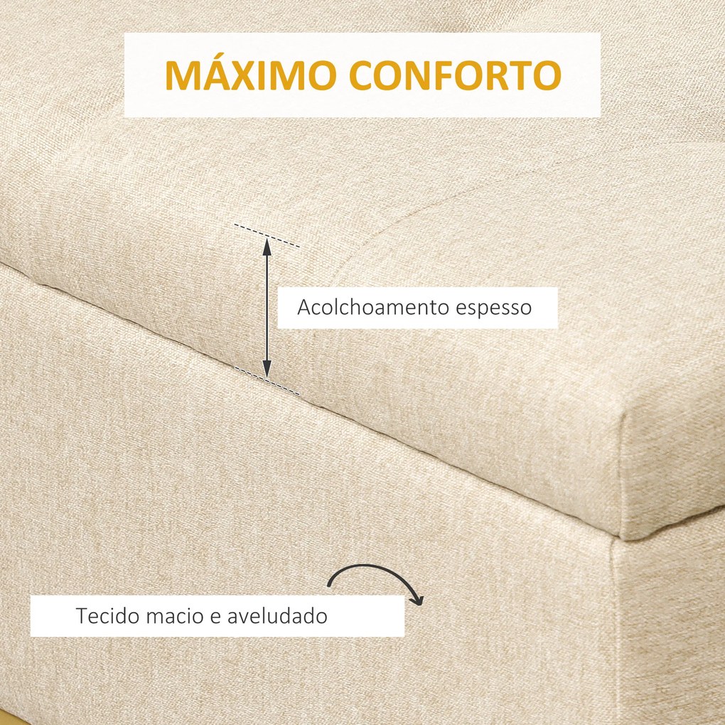 Banco de Armazenamento Retangular Estofado em Linho com Pés de Aço para Sala de Estar Dormitório 110x44x48 cm Bege