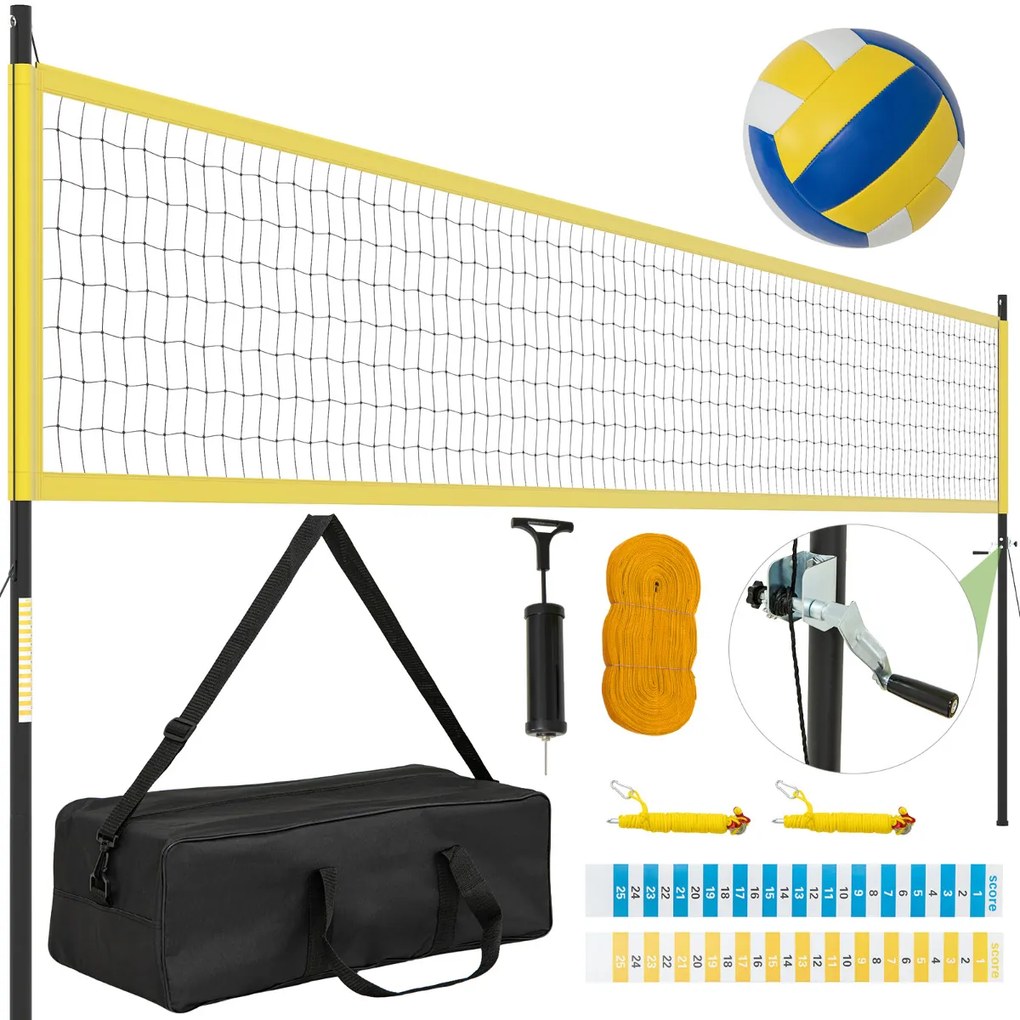 Conjunto de rede de voleibol portátil para exterior Sistema de rede de voleibol de alta resistência com postes ajustáveis em altura Amarelo