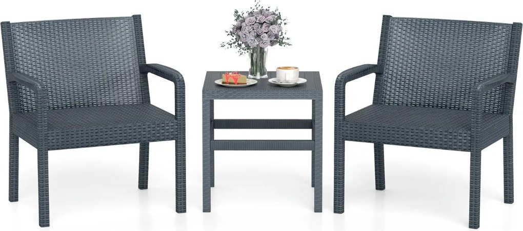 Conjunto de móveis de jardim de 3 peças com 2 cadeiras de rattan e mesa auxiliar de rattan PP Cinzento