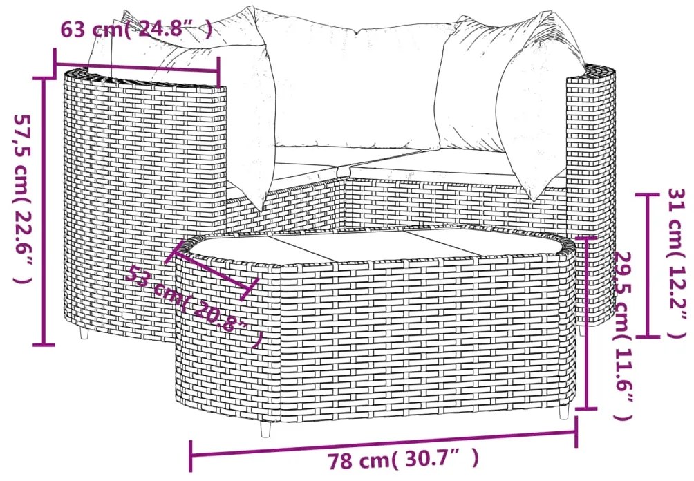 4 pcs conjunto lounge de jardim c/ almofadões vime PE cinzento