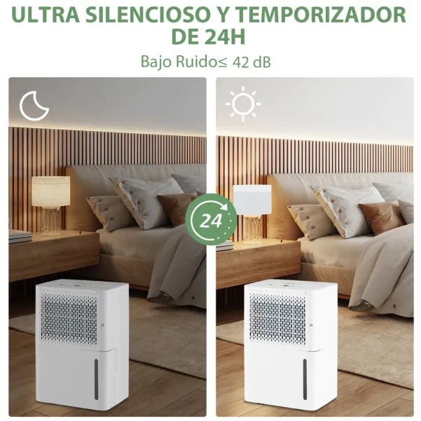 Desumidificador 12 L Silencioso e Eficiente com Temporizador de Secagem Automático em Modo Contínuo 27 x 20,5 x 40,5 cm Branco