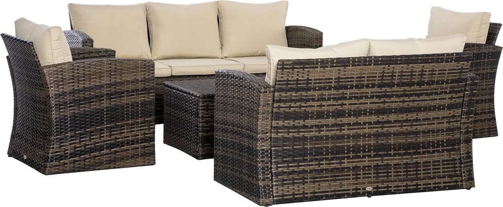 Outsunny Conjunto de Jardim Exterior de Vime 6 Peças Almofadas Sofá de Dois Lugares Sofá de Três Lugares 2 Cadeiras 2 Mesas Auxiliares Caqui | Aosom Portugal