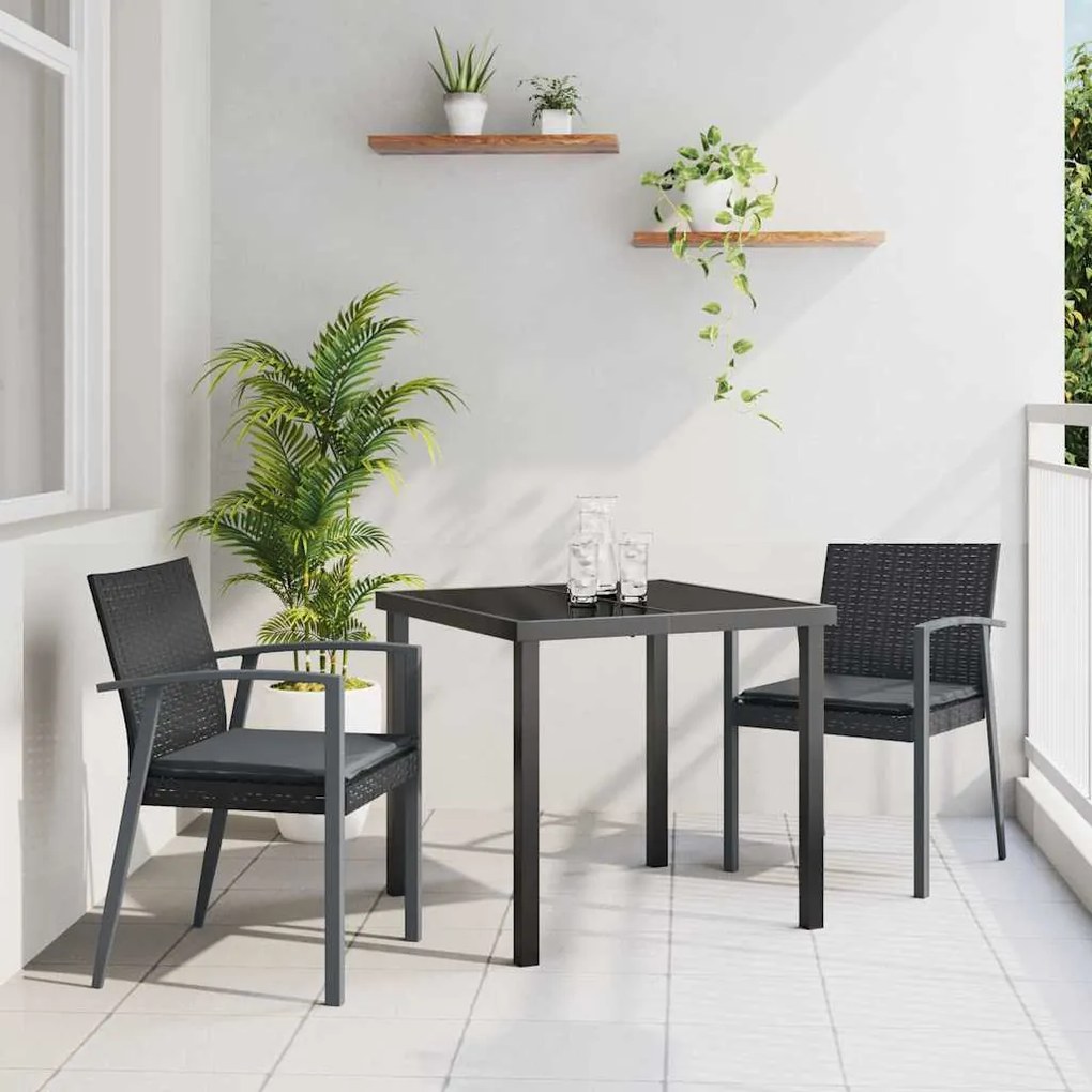 vidaXL Conjunto de jantar de jardim de 3 peças com almofadas, preto, em rattan poli.