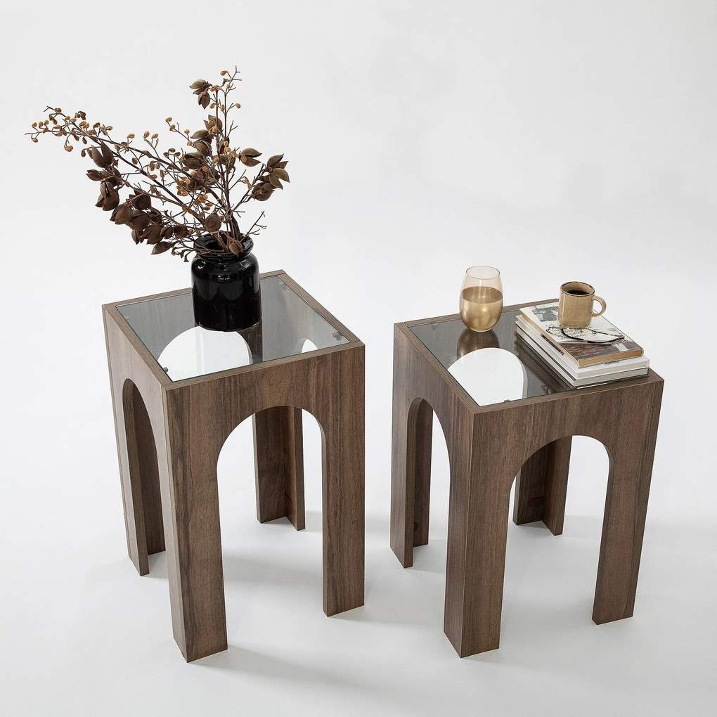 Conjunto de Mesas de Café Seine – Transparente e Nogueira – 35x50 cm e
