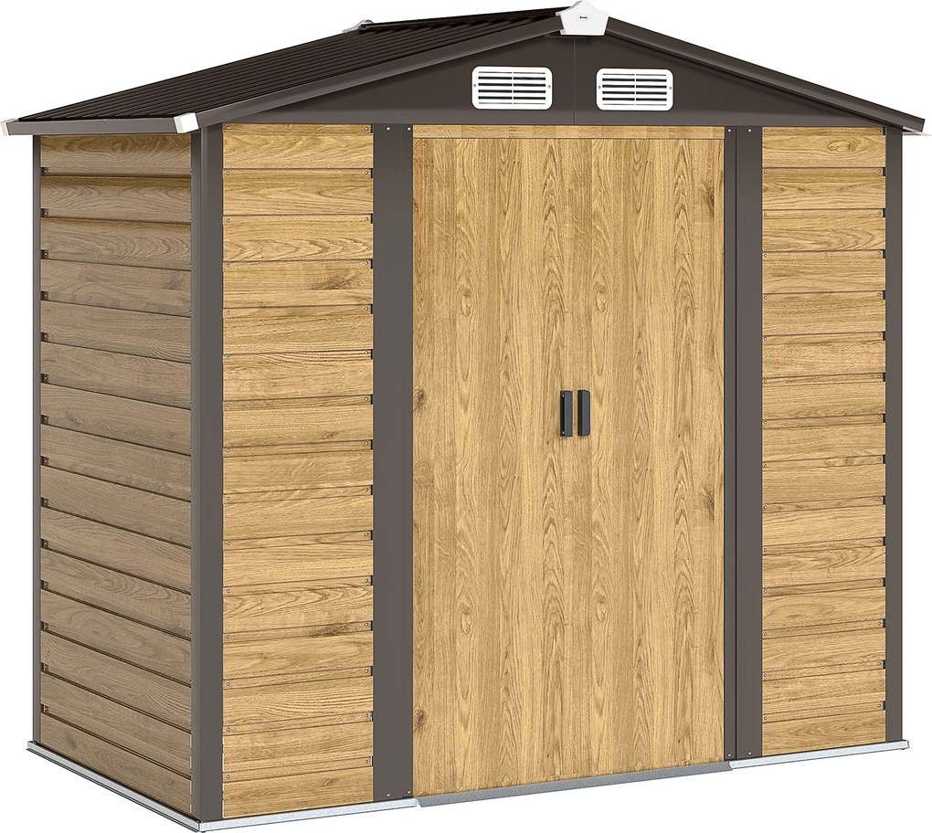 Outsunny Abrigo de Jardim Exterior 2,36m² 213x120x194 cm com Base Reforçada (Piso NÃO Incluído) e Portas de Correr Madeira e Marrom | Aosom Portugal