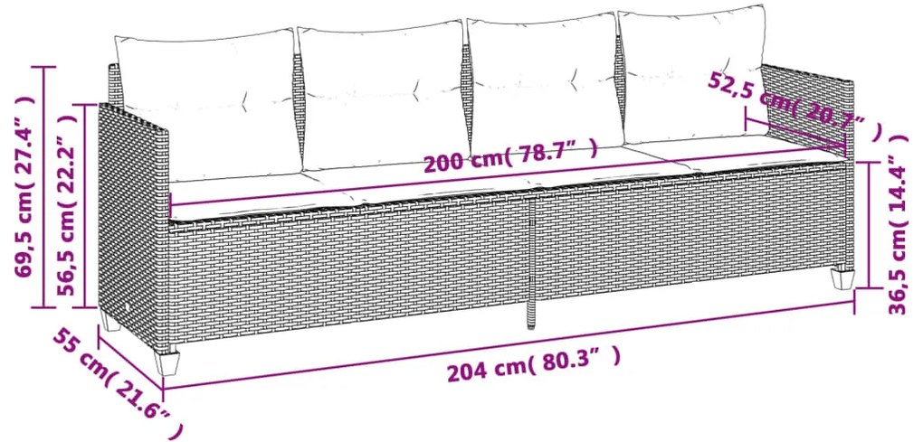 5 pcs conjunto sofás p/ jardim c/ almofadões vime PE castanho