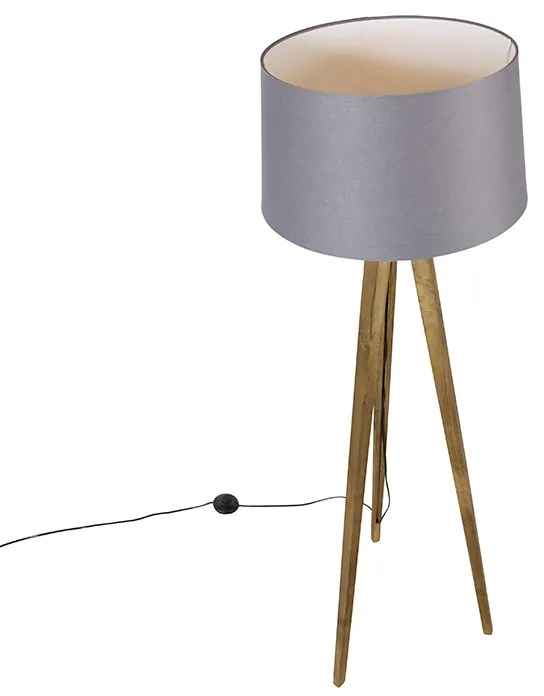 Candeeiro de pé rústico vintage em madeira com abajur em linho cinzento escuro 45 cm - Tripod Classic Rústico