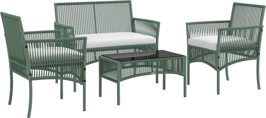 Outsunny Conjunto de Jardim Exterior em Ratan Sintético com 2 Poltronas 1 Sofá de 2 Lugares 1 Mesa de Centro e Almofadas Verde | Aosom Portugal