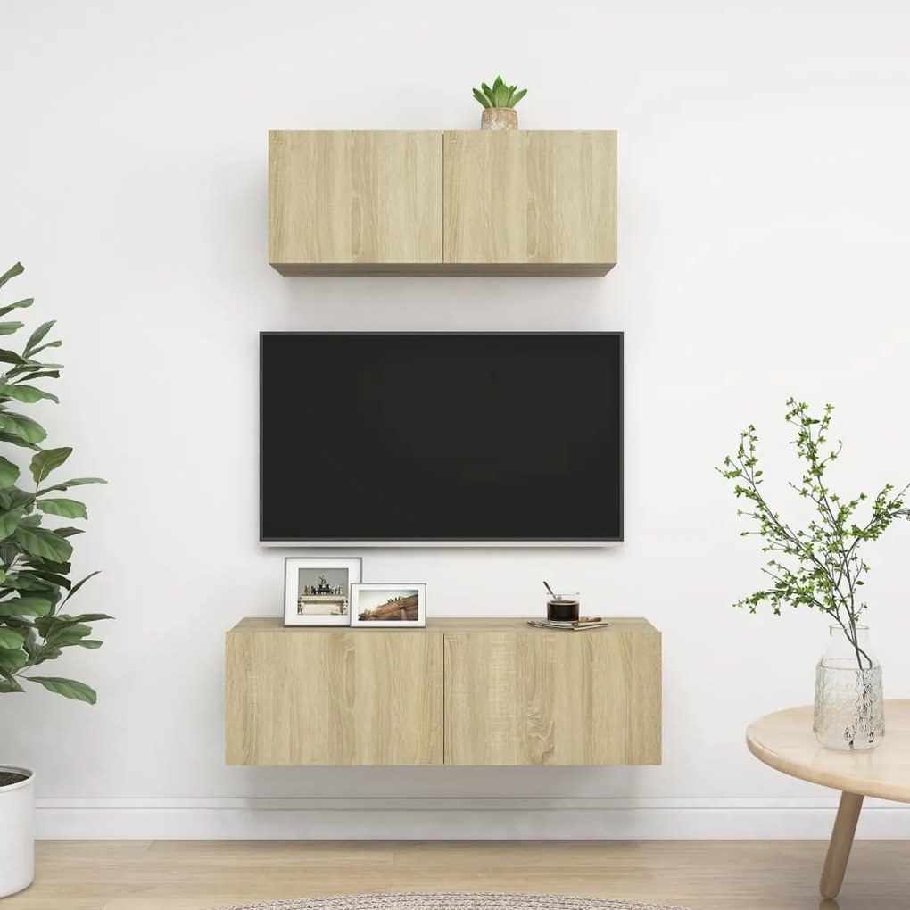 2 pcs conjunto de móveis TV derivados madeira carvalho sonoma