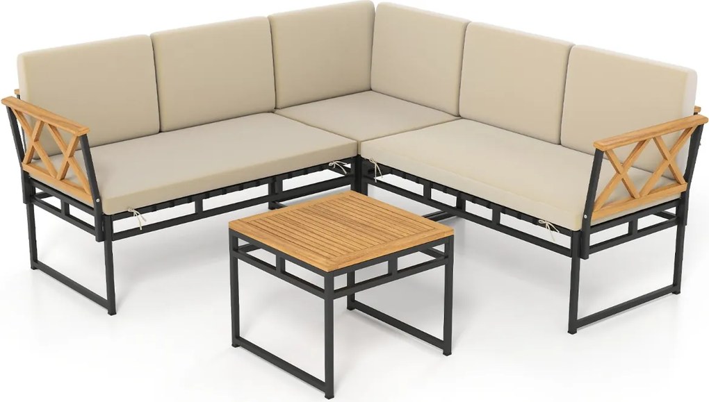 Conjunto Jardim de 4 sofás seccionais exteriores em L com Estrutura metálica, corda elástica e mesa de madeira de acácia bege