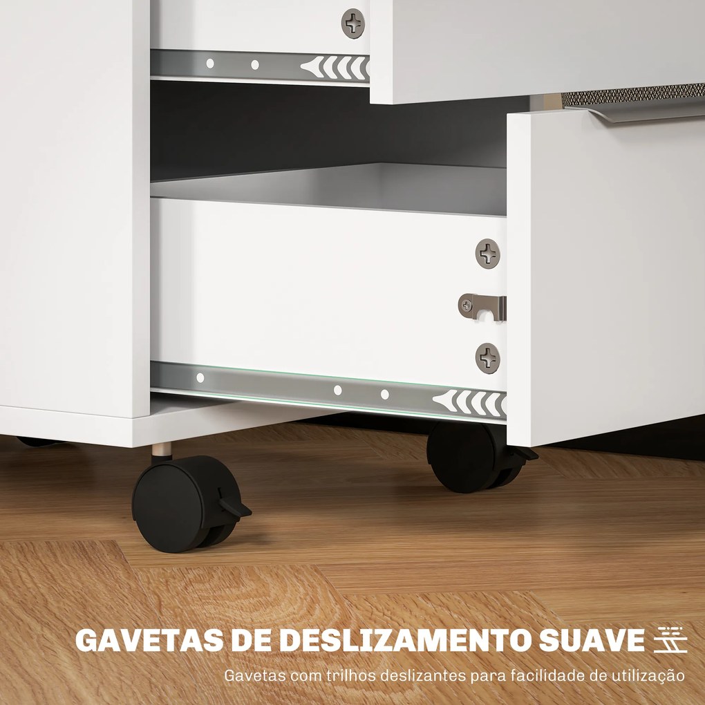 Bloco de Gavetas Móvel de Escritório com 3 Gavetas Fechadura Rodas e Travão para Documentos 40x40x63,5 cm Branco