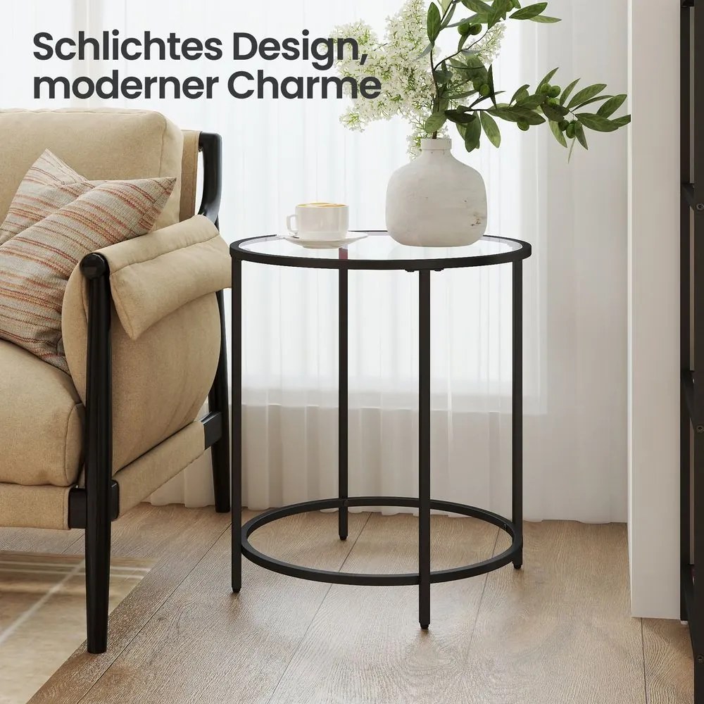 Mesa lateral redonda pequena, vidro temperado e estrutura metálica 50 x 55 cm (Ø x A) preta